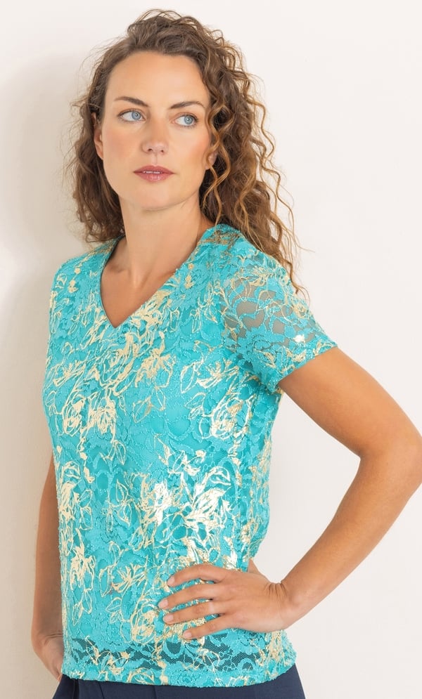 Anna Rose Foil Print Short Sleeve Lace Top