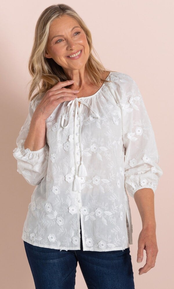Anna Rose Floral Applique Cotton Blouse