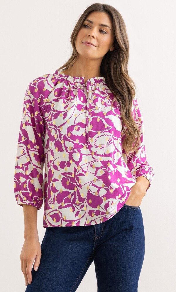 Floral And Foil Printed Tie Neck Top