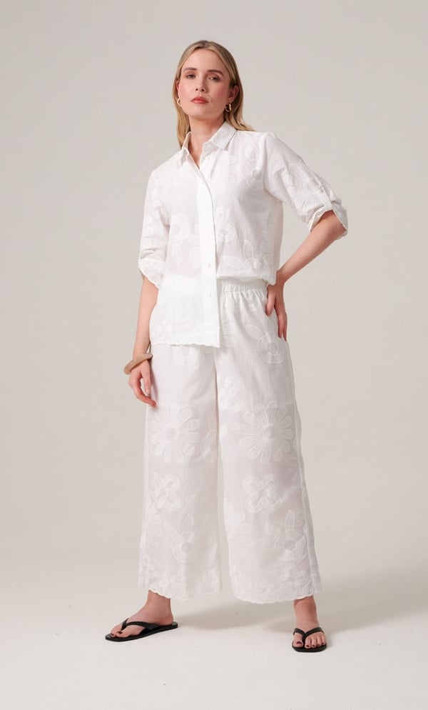 Embroidered Cotton Wide Leg Cropped Trousers