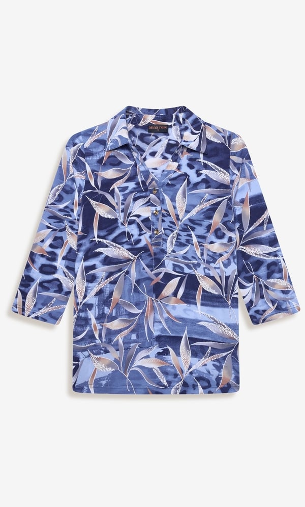 Anna Rose Textured Leaf Print Polo Top