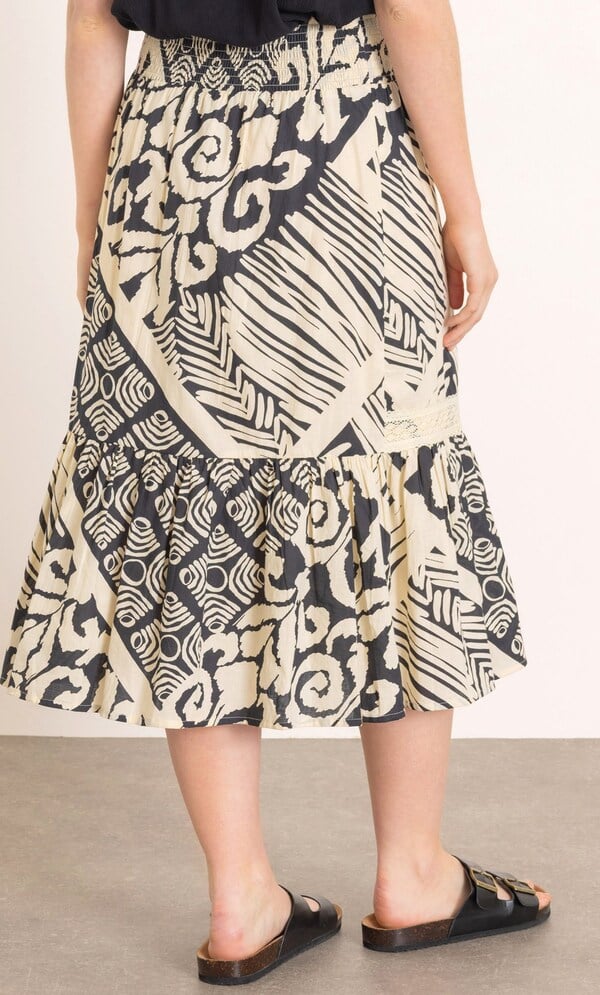 Printed Smocked Waist Cotton Midi Skirt