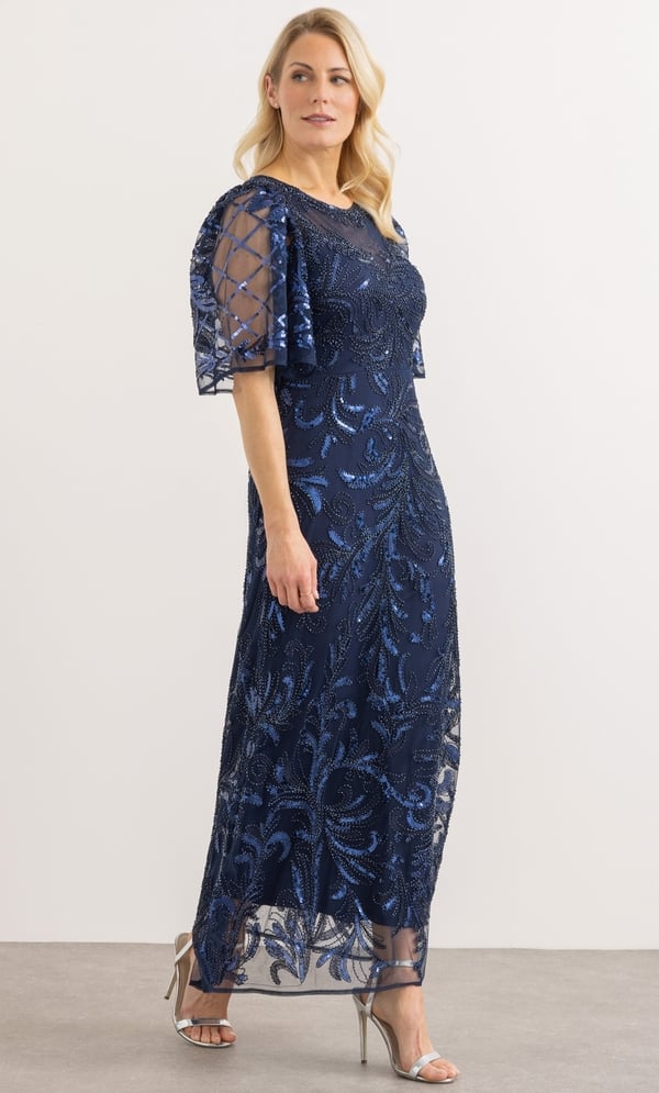 Mesh Sleeve Floral Embellished Maxi Dress
