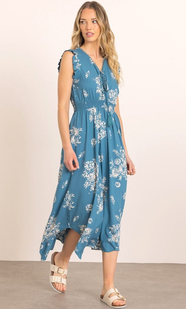 Printed Smocked Waist Dipped Hem Maxi Dress