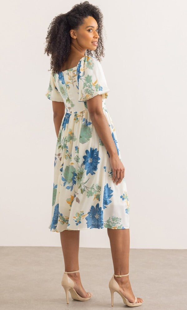 Striped Floral Print Tie Neck Puff Sleeve Midi Dress