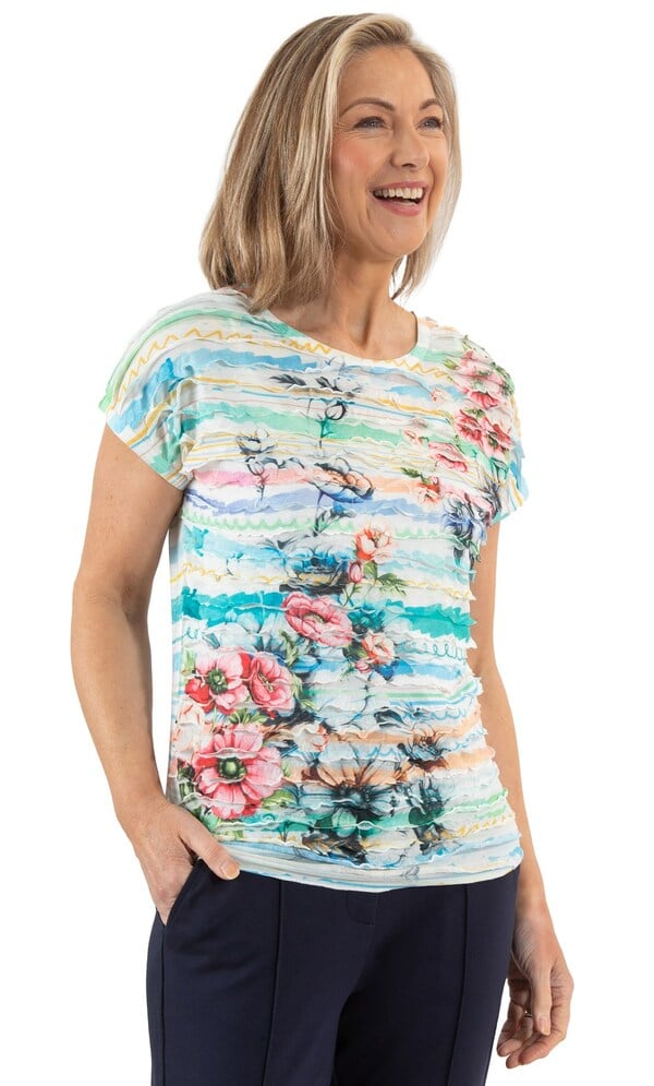 Anna Rose Botanical And Stripe Ruffle Top