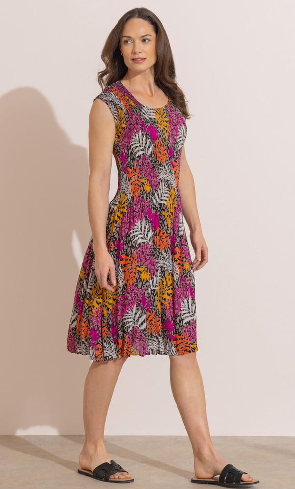 Leaf and Animal Printed Pleated Dress