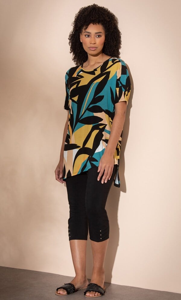 Leaf Print Short Sleeve Jersey Tunic Top
