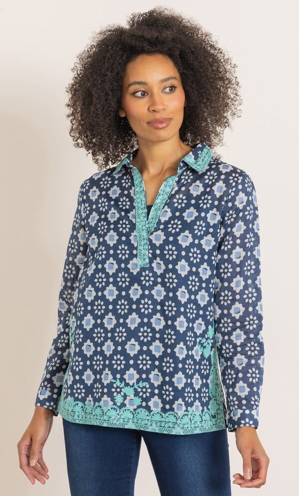 Embroidered Printed Long Sleeve Cotton Top