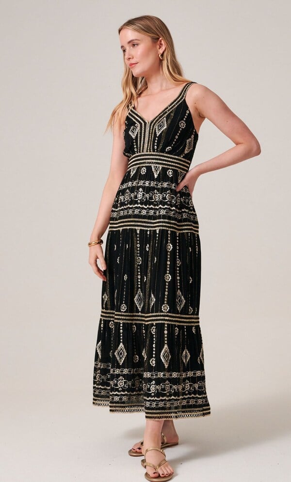 Embellished Foil Printed Sleeveless Midaxi Dress