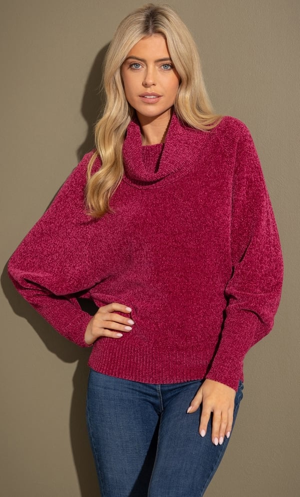 Cowl Neck Batwing Sleeve Chenille Jumper