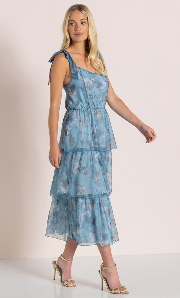 Floral Shimmer Tiered Mesh Midi Dress