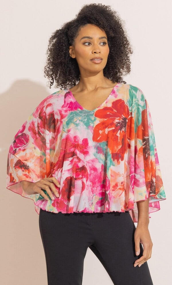 Watercolour Floral Print Mesh Cape Top