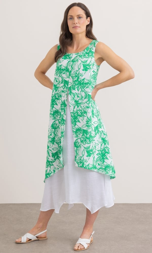 Botanical Print Layered Sleeveless Midi Dress