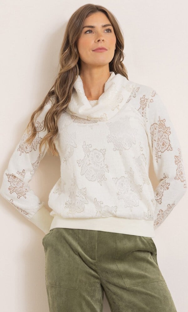 Lace And Knit Cowl Neck Top