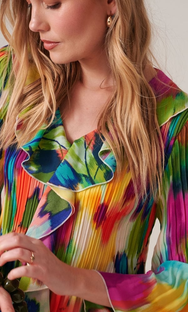 Abstract Print Pleated Ruffle Top