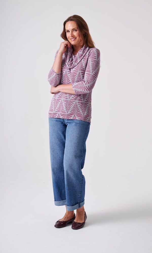 Anna Rose Botanical Leaf Print Cowl Neck Jumper