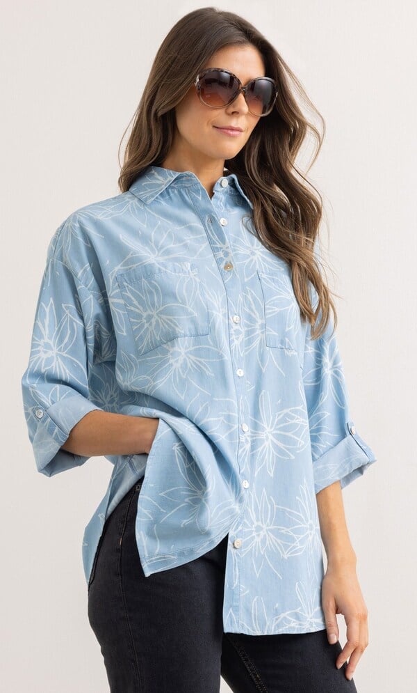 Floral Print Oversized Cotton Shirt in Blue | Klass