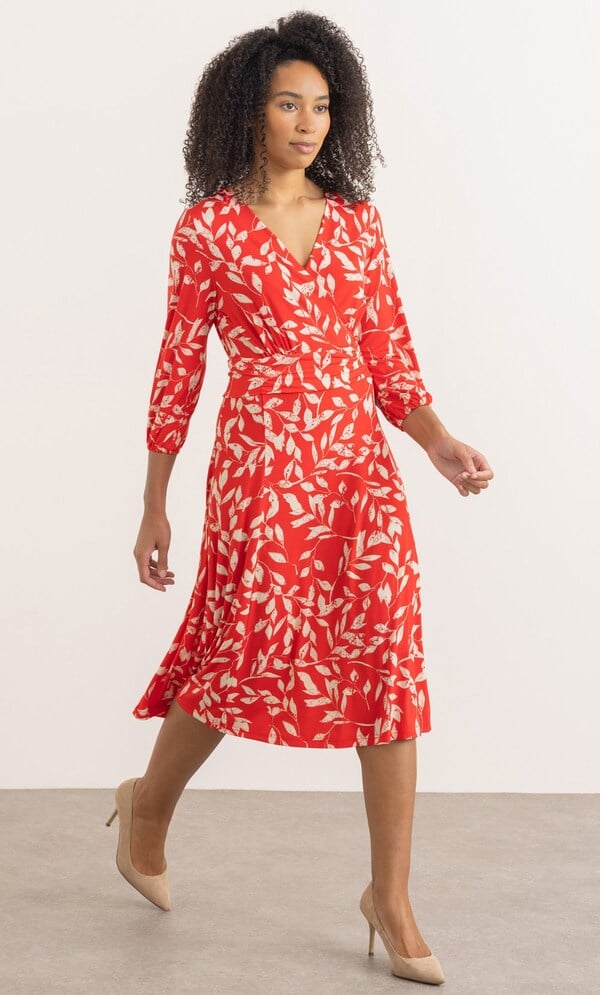 Leaf Printed Wrap Jersey Dress