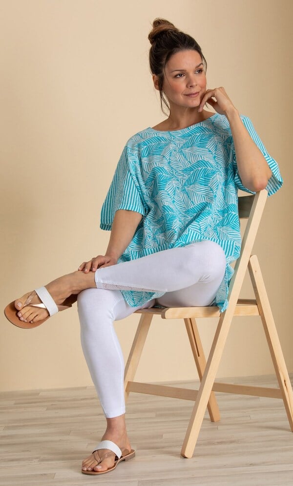Leaf And Stripe Print Textured Tunic Top