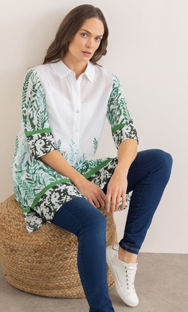 トップス borders GATHER SHIRT TUNIC 36 Border Printed Cotton Tunic Top in Green | Klass