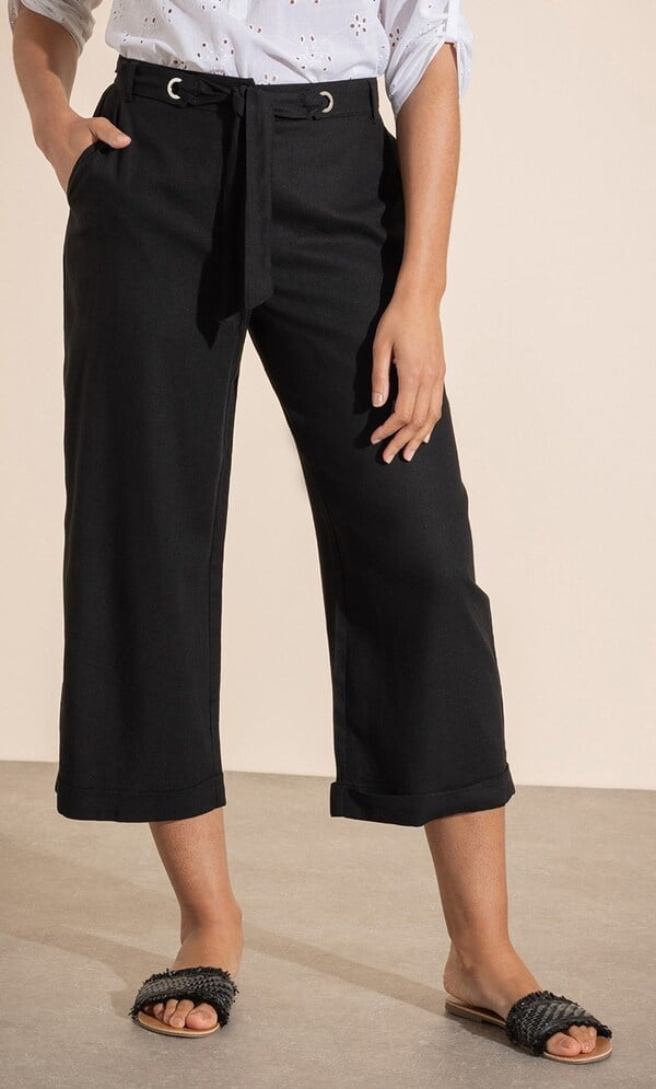 Wide Leg Cropped Linen Blend Trousers