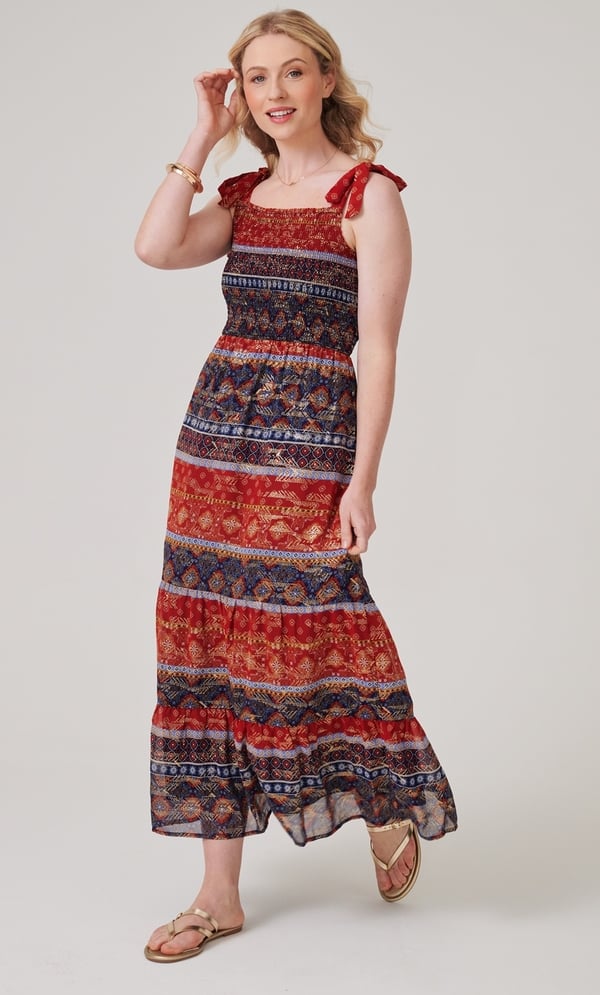 Smocked Shimmer Print Maxi Dress