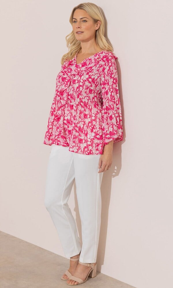 Floral Print Pleated Ruffle Top
