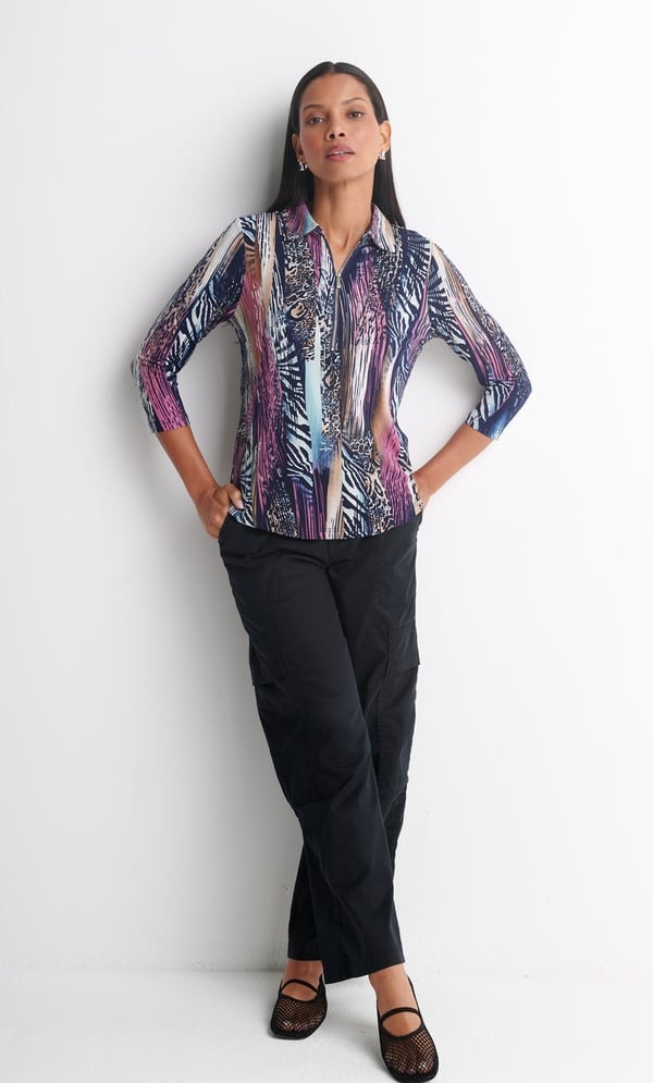 Anna Rose Textured Print Zip Detail Polo Top