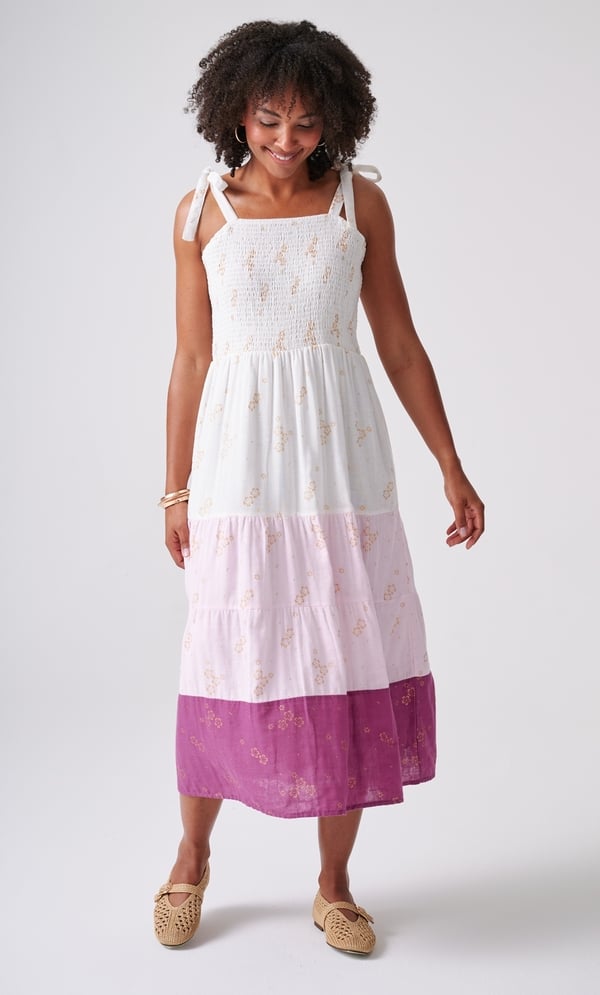 Floral Shimmer Print Smocked Cotton Midaxi Dress