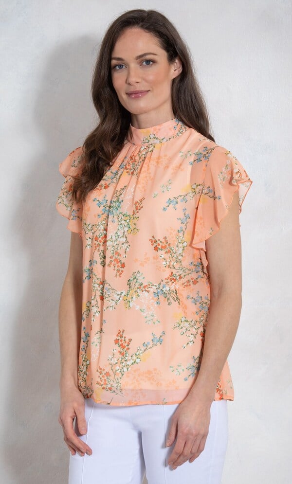 High Neck Floral Printed Chiffon Top