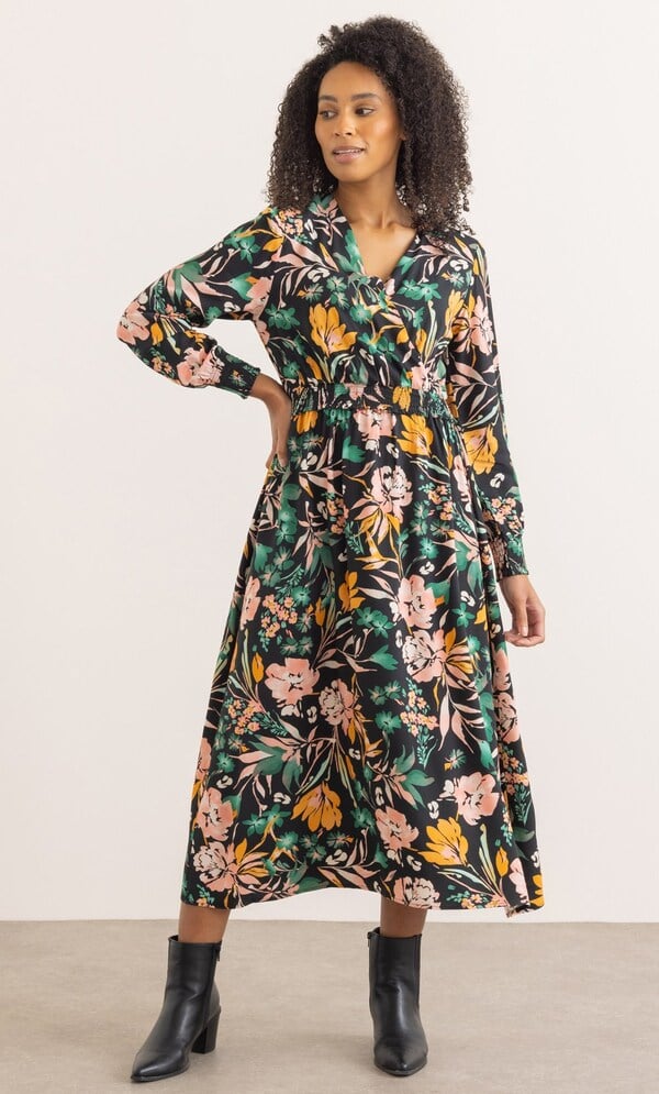 Bouquet Printed Long Sleeve Midaxi Dress