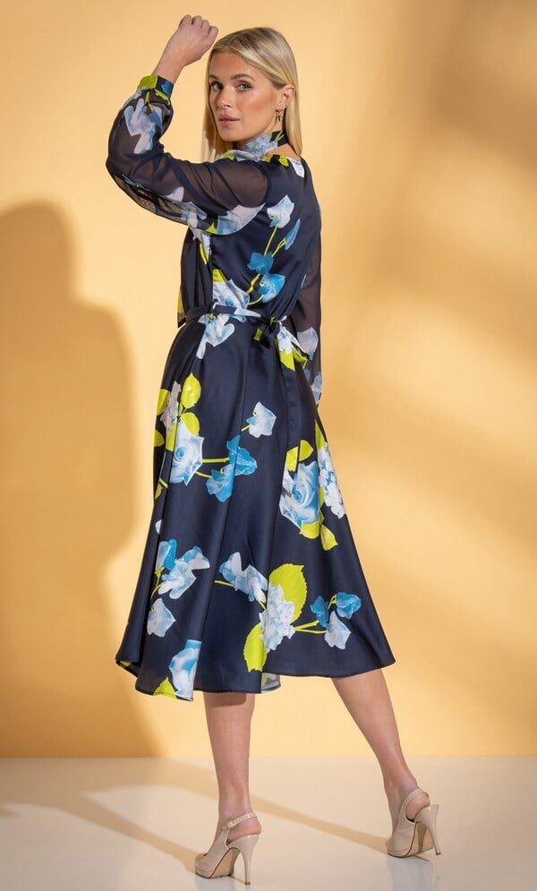 Garden Print Midi Dress With Neck Tie