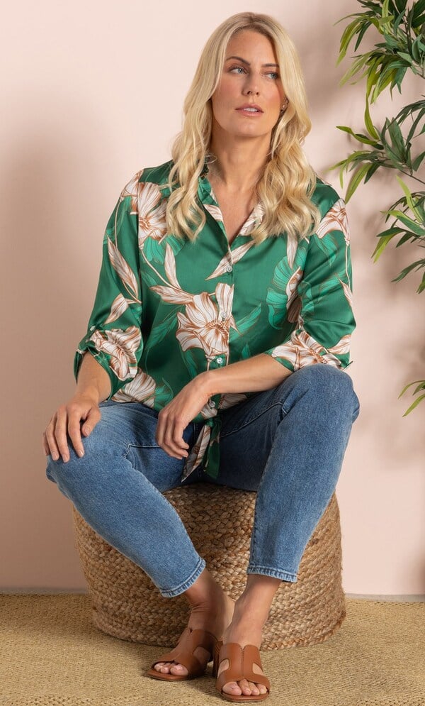 Tie Front Floral Silk Effect Shirt