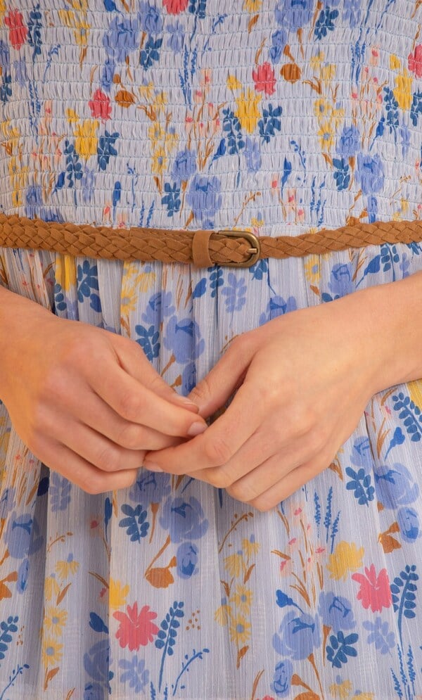Belted Smocked Garden Print Midaxi Dress