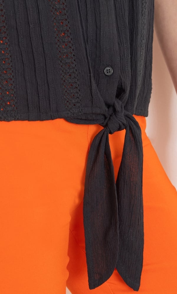 Tie Front Short Sleeve Blouse in Black | Klass