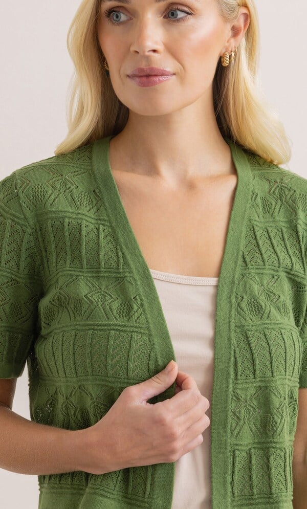 Short Sleeve Cropped Pointelle Cotton Cardigan