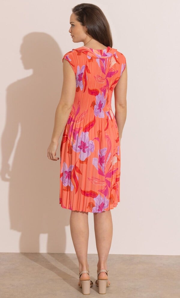 Floral Print Ruffle Neck Pleated Dress