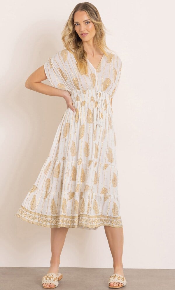 Lurex Stripe And Leaf Print Midi Dress