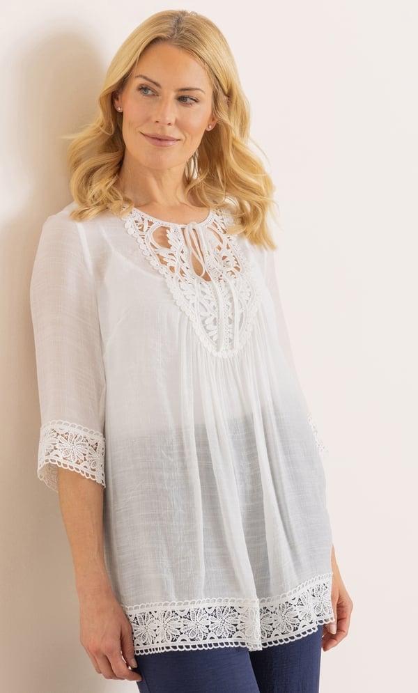 Lace Trimmed Tie Neck Top