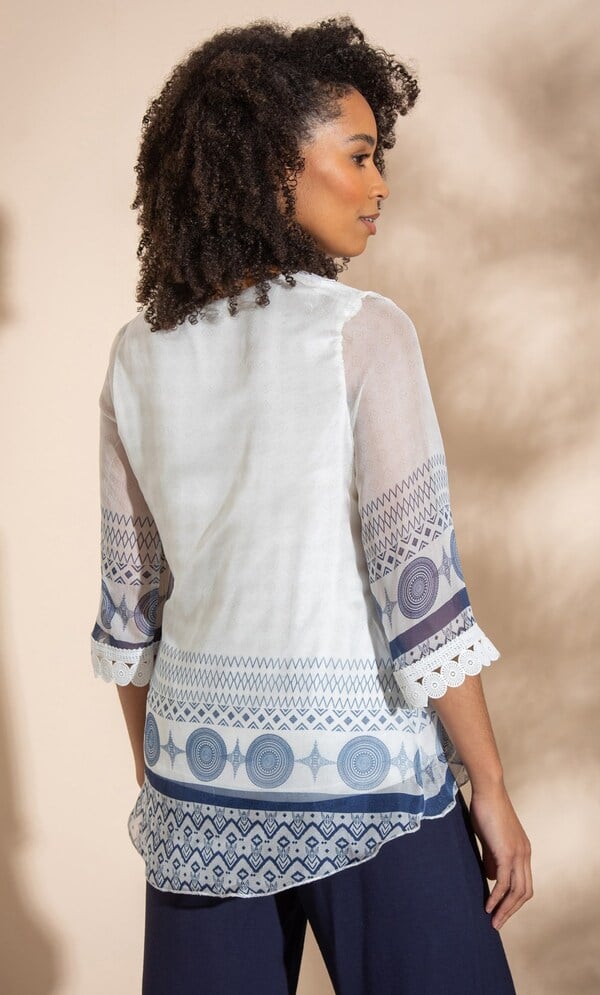 Crochet Trim Printed Chiffon Top