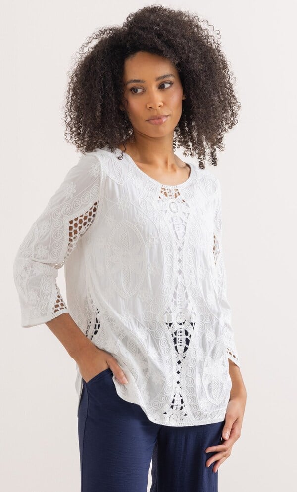 Embroidered Crochet Trim Cotton Top