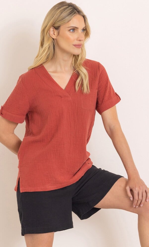 Short Sleeve Cotton V Neck Top
