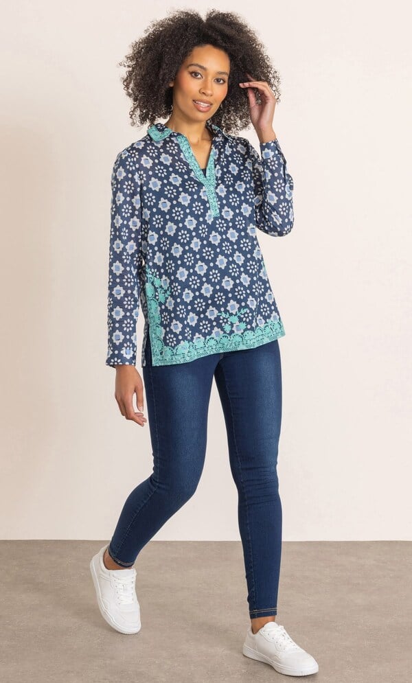 Embroidered Printed Long Sleeve Cotton Top