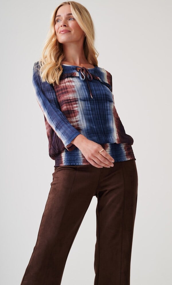 Printed Pleated Smocked Hem Top
