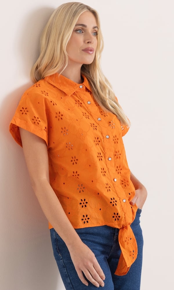 Embroidered Tie Front Cotton Shirt