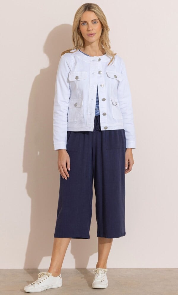 Collarless Cotton Blend Denim Jacket