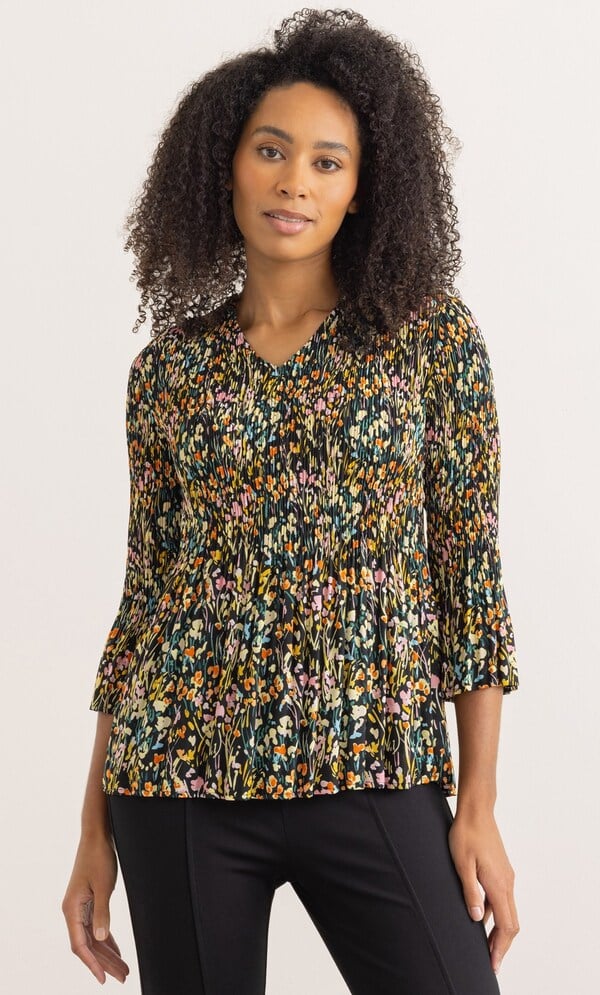 Three Quarter Sleeve Meadow Print Pleated Top