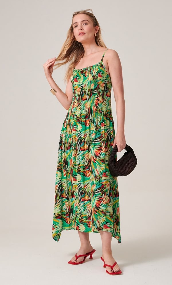 Printed Strappy Pleated Midaxi Dress