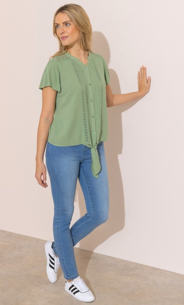 Lace Trim Tie Front Blouse